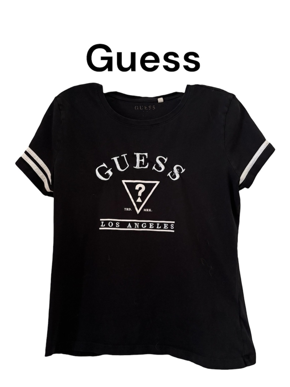 Guess Black Tee with White Logo and Sleeve Stripes M